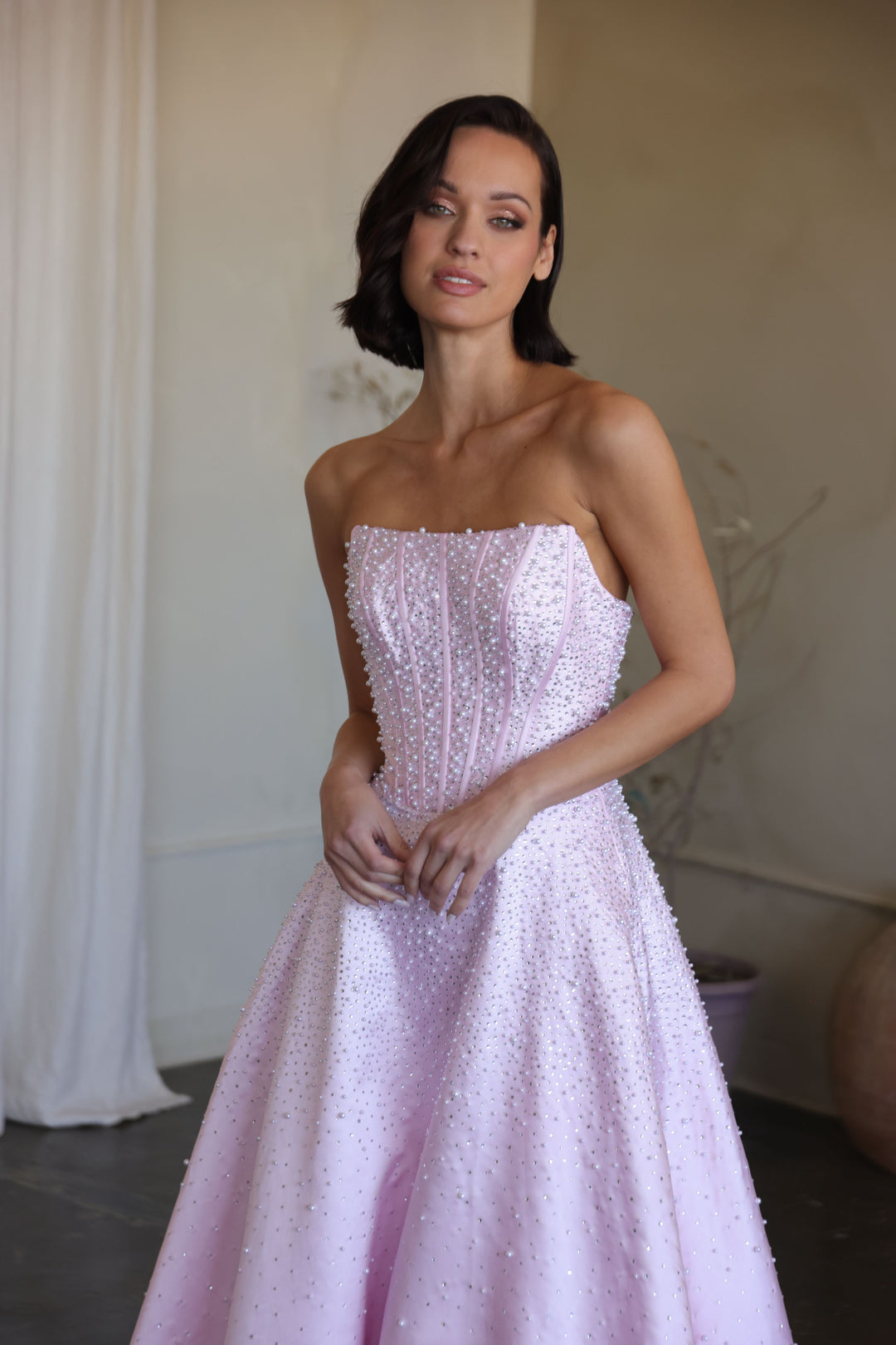 47283 - Ava Presley - Mikado A-line Corset Dress with Pearls