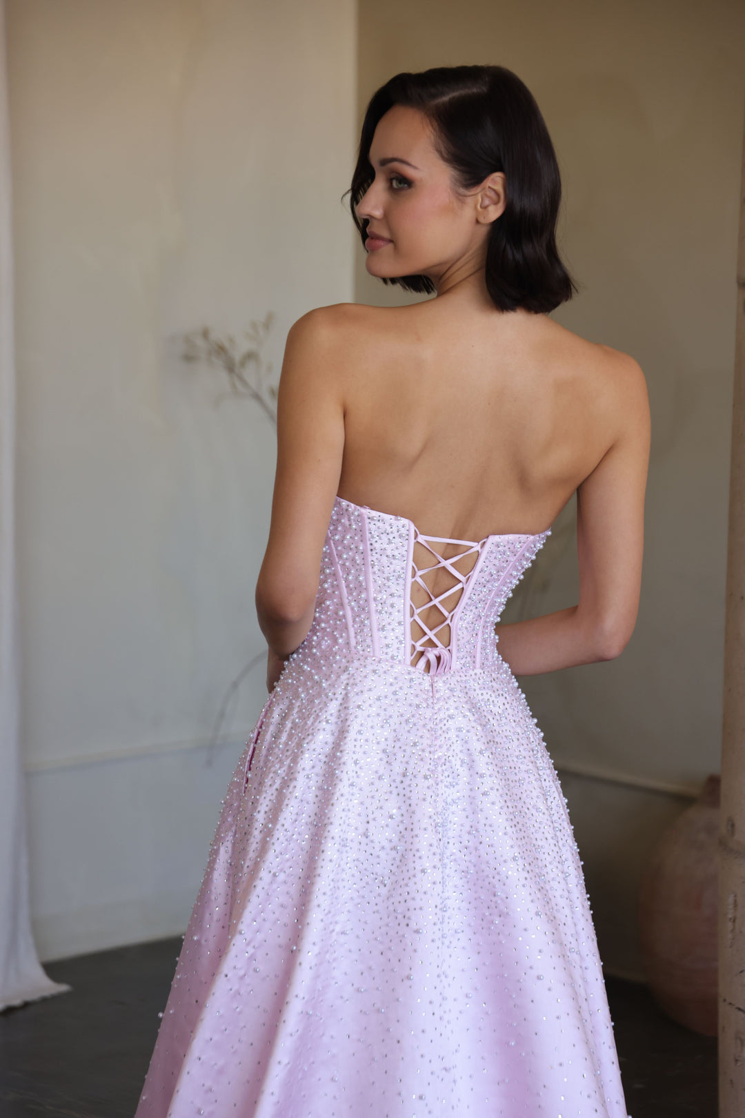 47283 - Ava Presley - Mikado A-line Corset Dress with Pearls