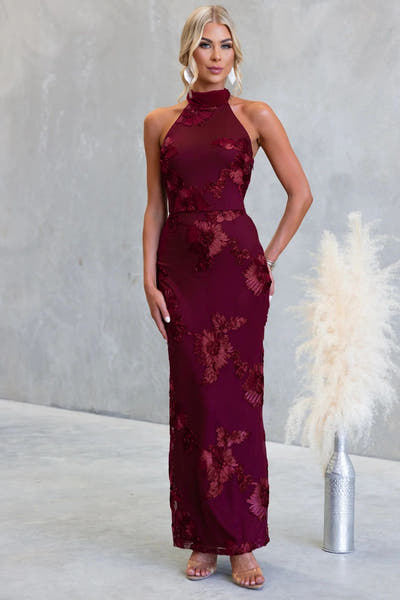 Rochelle Maxi Dress - Wine - Floral Appliqué Dress