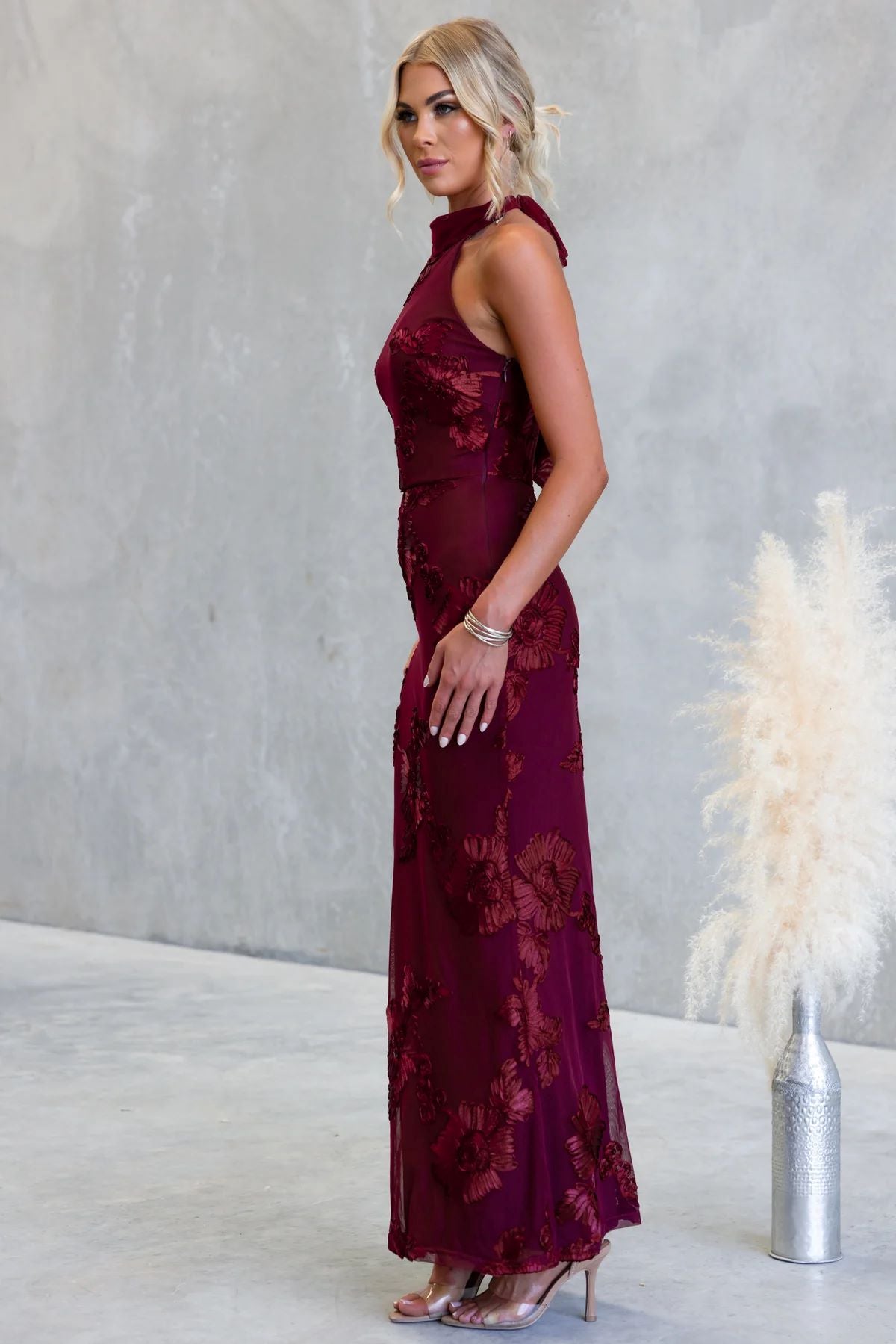 Rochelle Maxi Dress - Wine - Floral Appliqué Dress