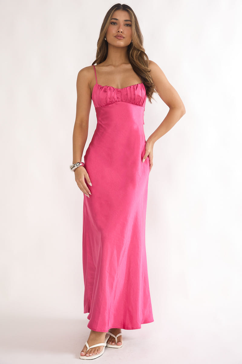 Paula Maxi Dress - Fuchsia Pink Satin Slip Dress
