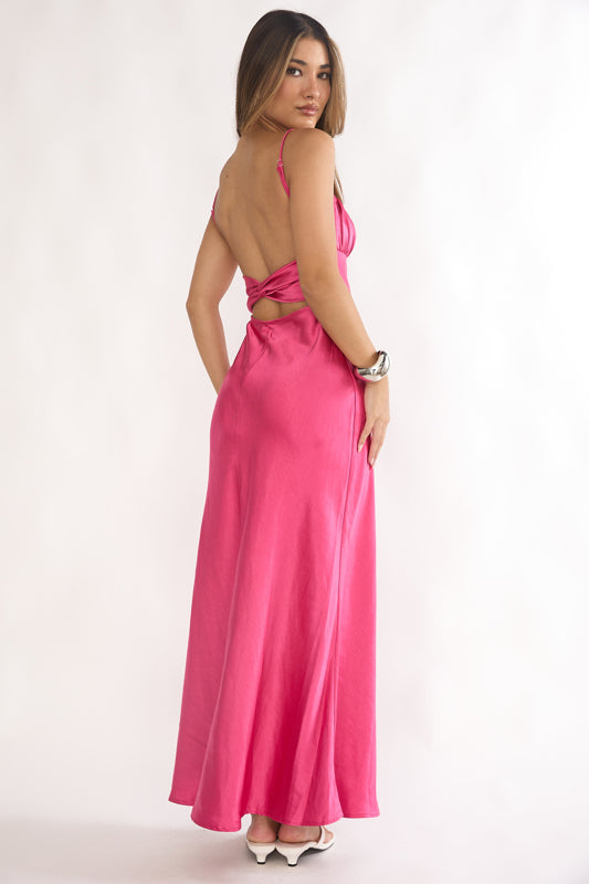 Lady Black Tie - Paula Maxi Dress - Fuchsia Pink Satin Slip Dress