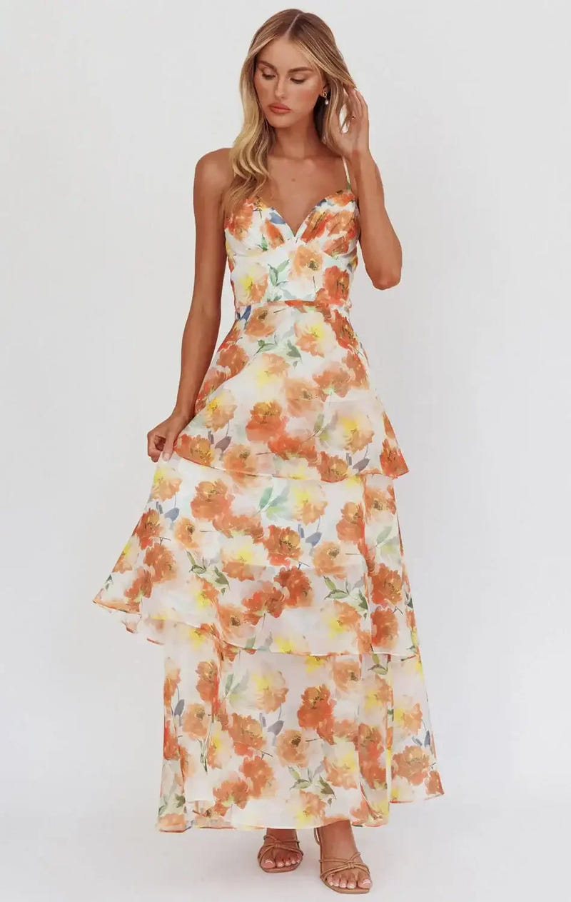 Makenna Maxi Dress - Orange - Floral Organza Tiered Dress