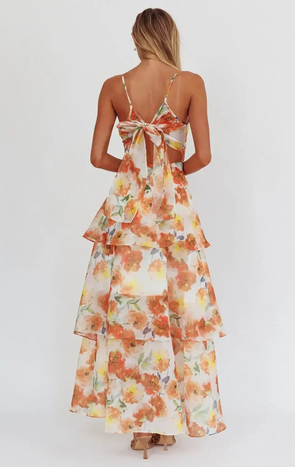 Makenna Maxi Dress - Orange - Floral Organza Tiered Dress