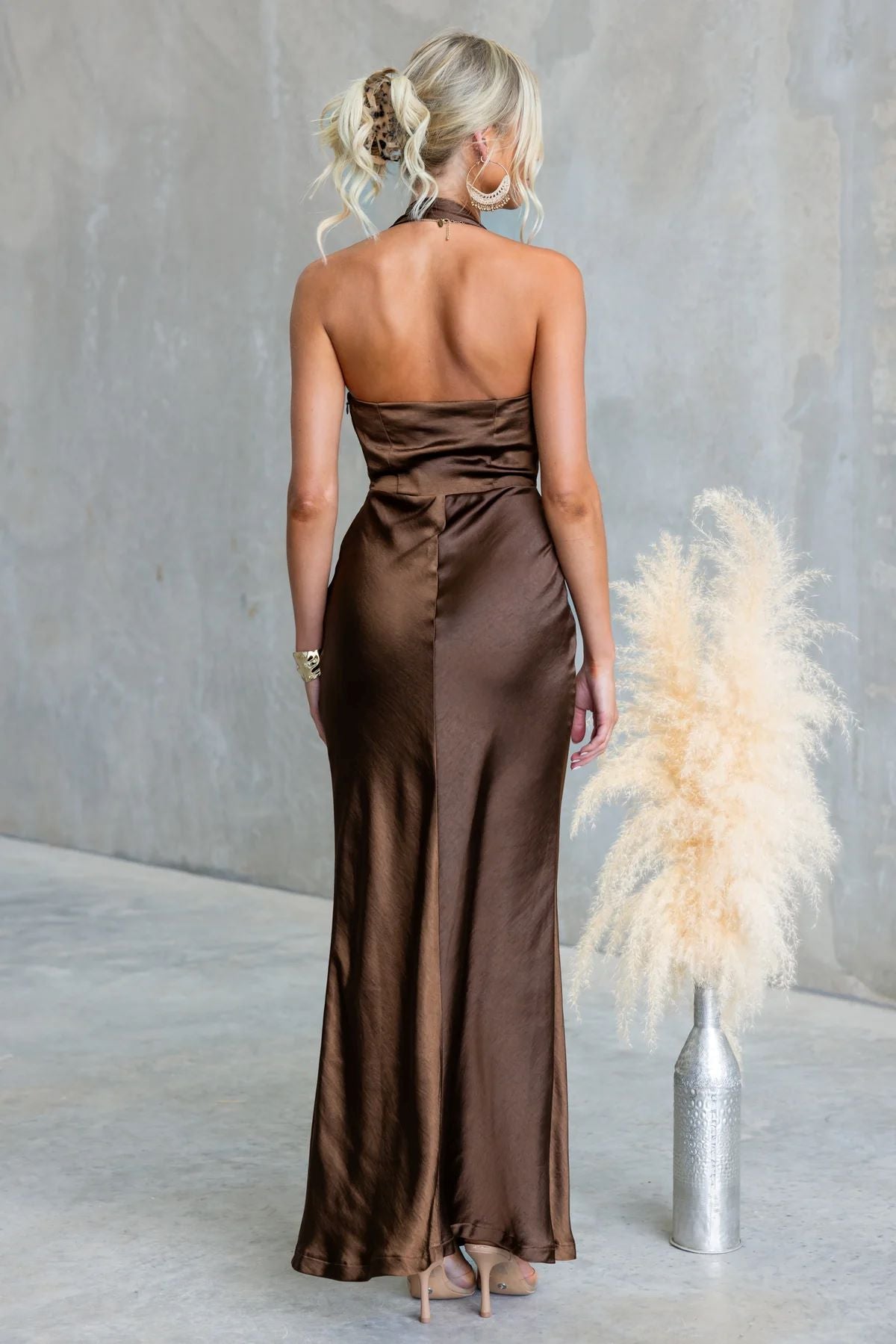 Meridia Maxi Dress - Chocolate Satin Halter Dress
