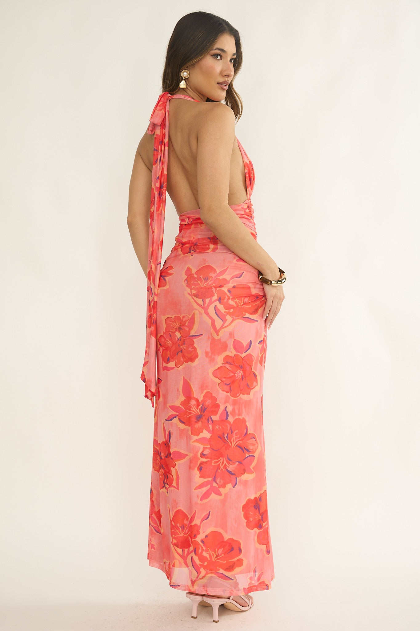 Lady Black Tie - Pink Hibiscus Halter Maxi Dress