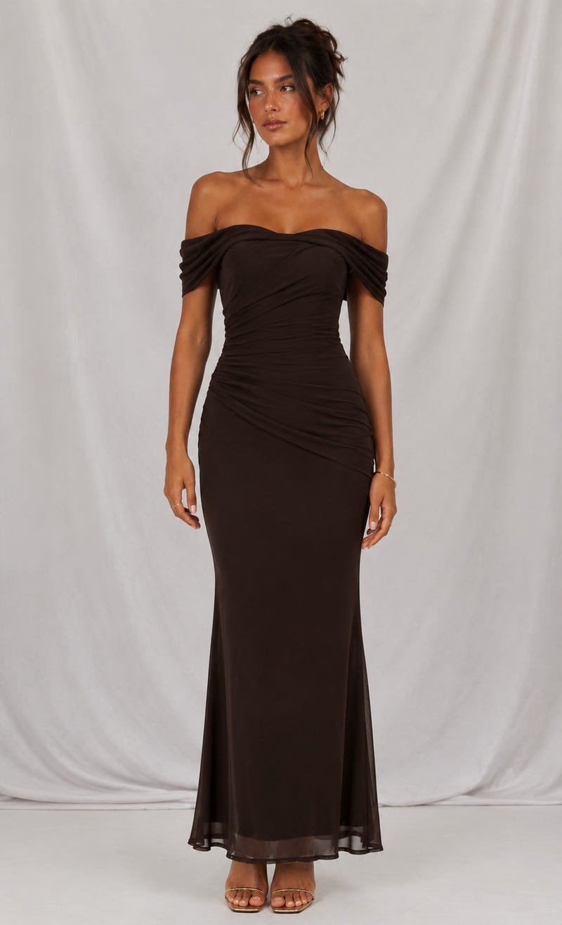 Sofia Maxi Dress - Chocolate Off-the-Shoulder Ruched Mesh Dress