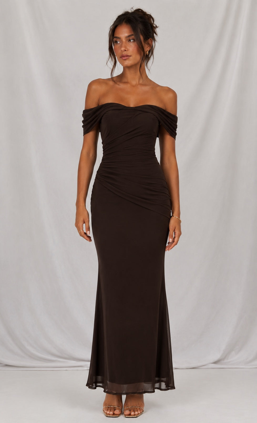 Sofia Maxi Dress - Chocolate Off-the-Shoulder Ruched Mesh Dress