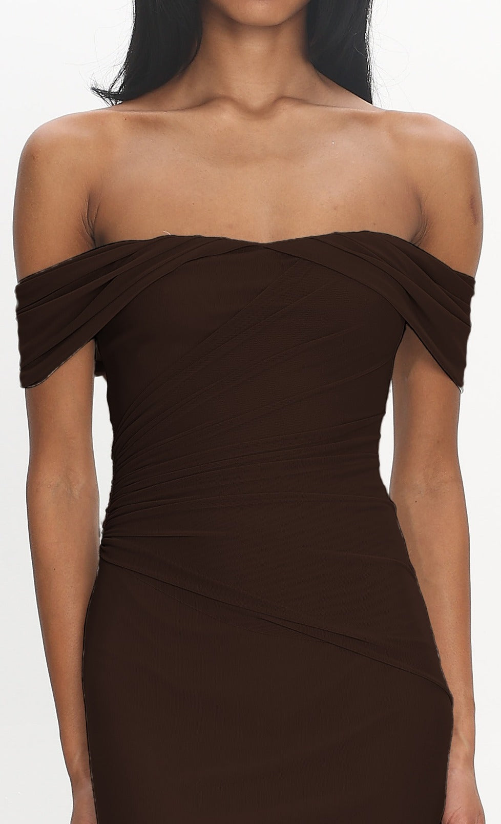 Close-up of the Sofia Maxi Dress in chocolate brown showing the draped off-the-shoulder sleeves, sweetheart neckline and diagonal ruching on the mesh bodice