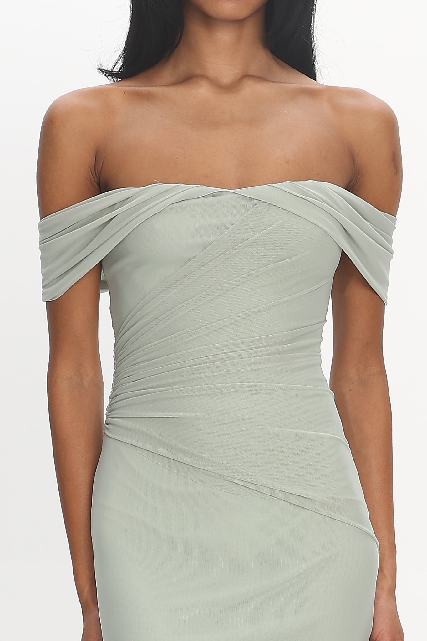 Sofia Maxi Dress - Sage Off-the-Shoulder Ruched Mesh Dress