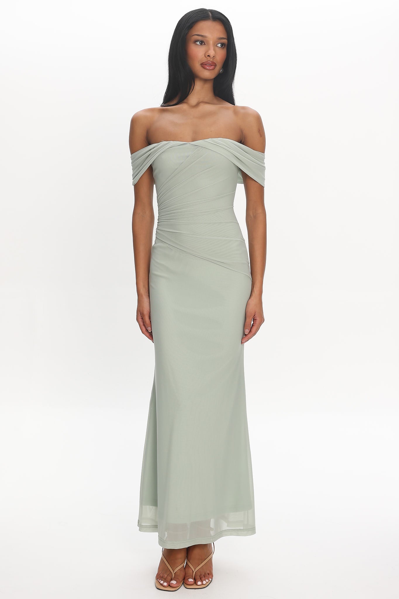 Sofia Maxi Dress - Sage Off-the-Shoulder Ruched Mesh Dress