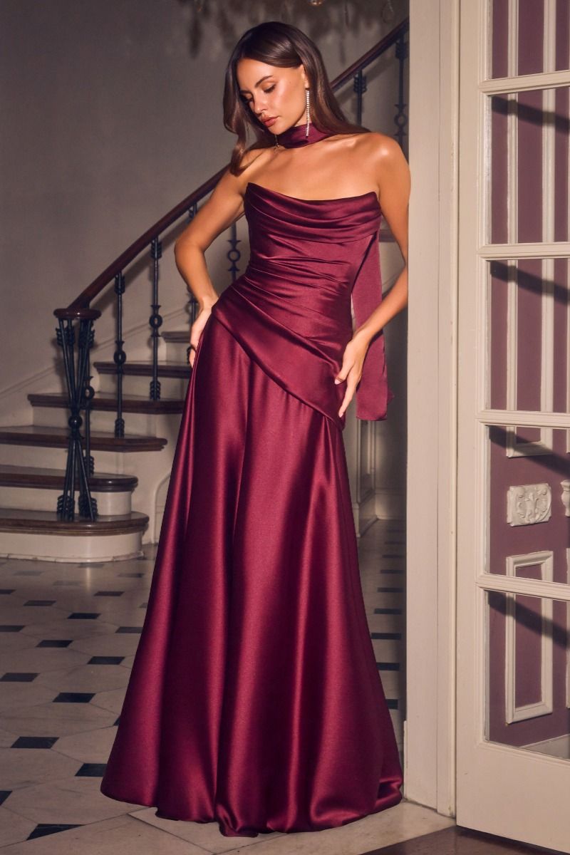 Annabeth Gown - Modern Fitted Gown with Scarf | Lady Black Tie | Ladivine 7432 Burgundy