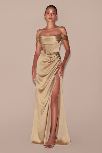 MABEL GOWN - OFF THE SHOULDER LUXE SATIN CORSET DRESS