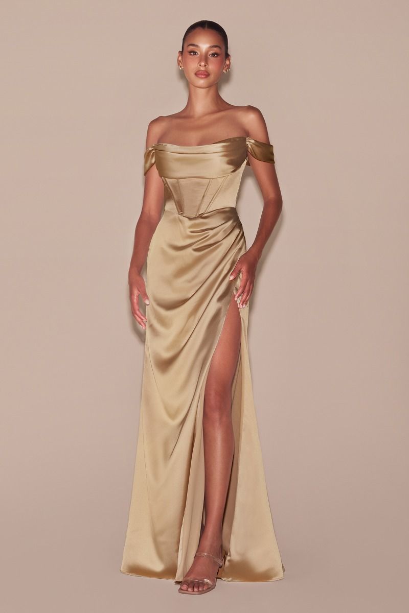 MABEL GOWN - LUXE SATIN OFF THE SHOULDER CORSET GOWN