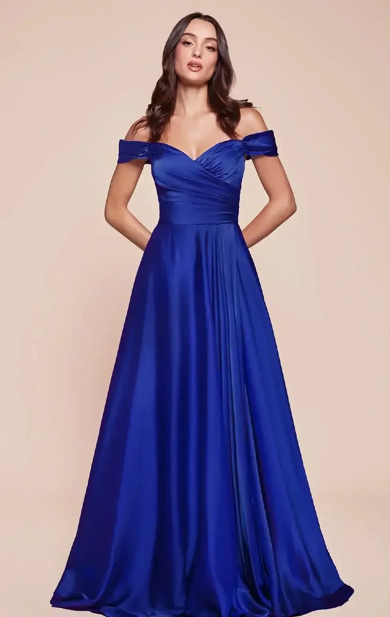 JILLIAN GOWN - ROYAL - A-LINE SOFT SATIN OFF THE SHOULDER DRESS