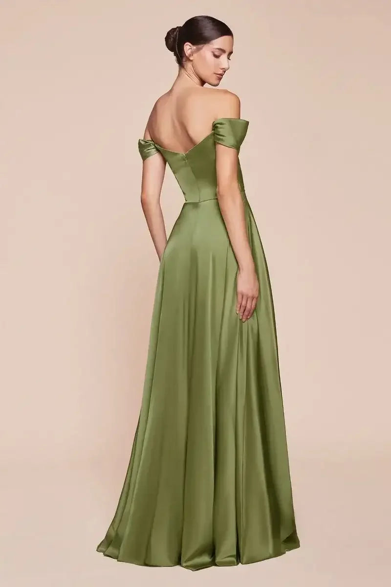 JILLIAN GOWN - GREENERY - A-LINE SOFT SATIN OFF THE SHOULDER DRESS