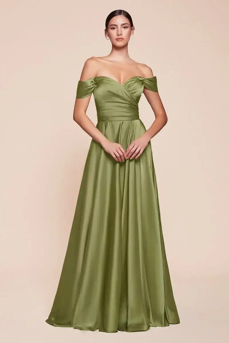 JILLIAN GOWN - GREENERY - A-LINE SOFT SATIN OFF THE SHOULDER DRESS