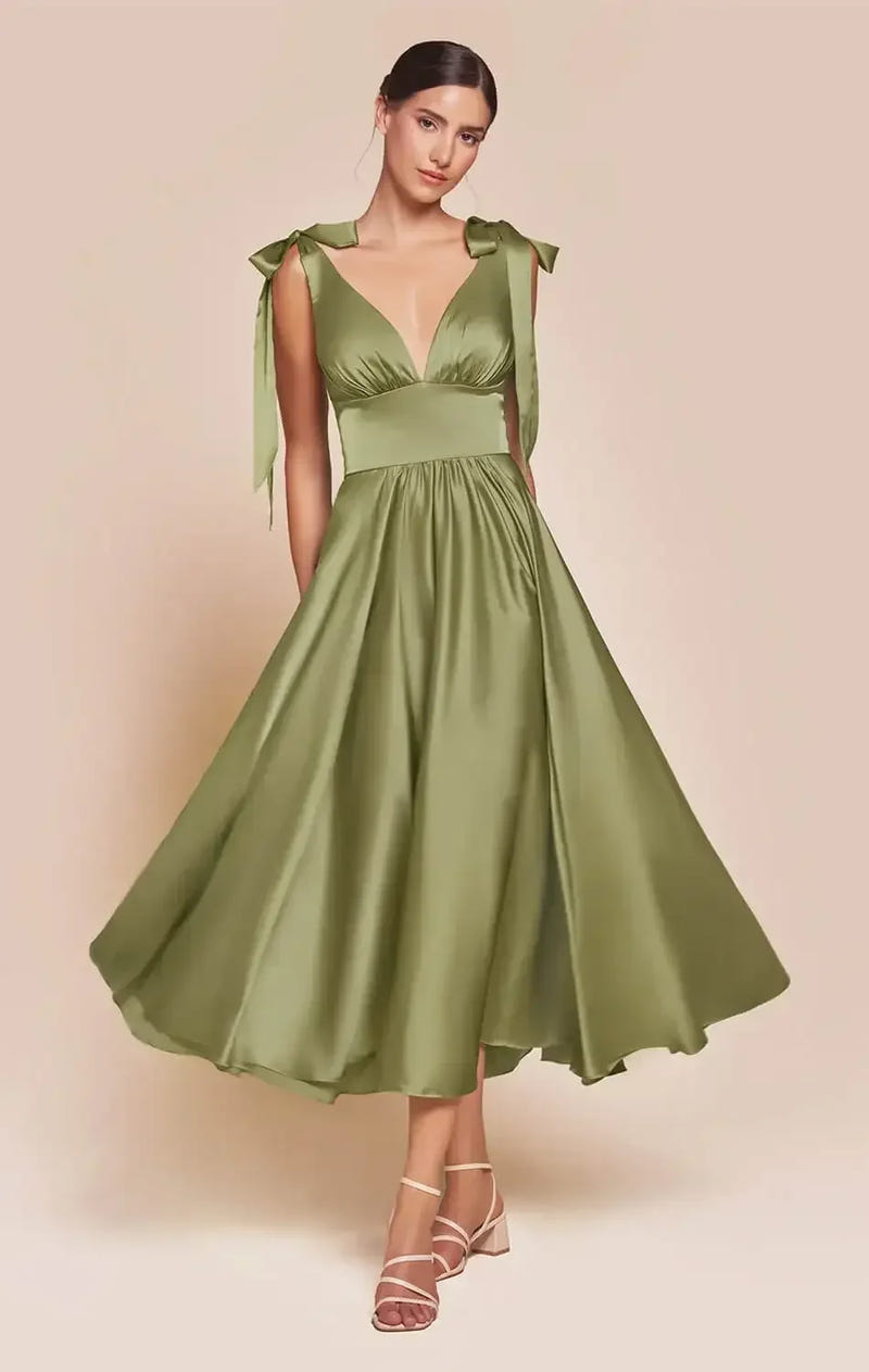 MAGGIE MIDI DRESS - GREENERY - TEA LENGTH SOFT SATIN A-LINE DRESS