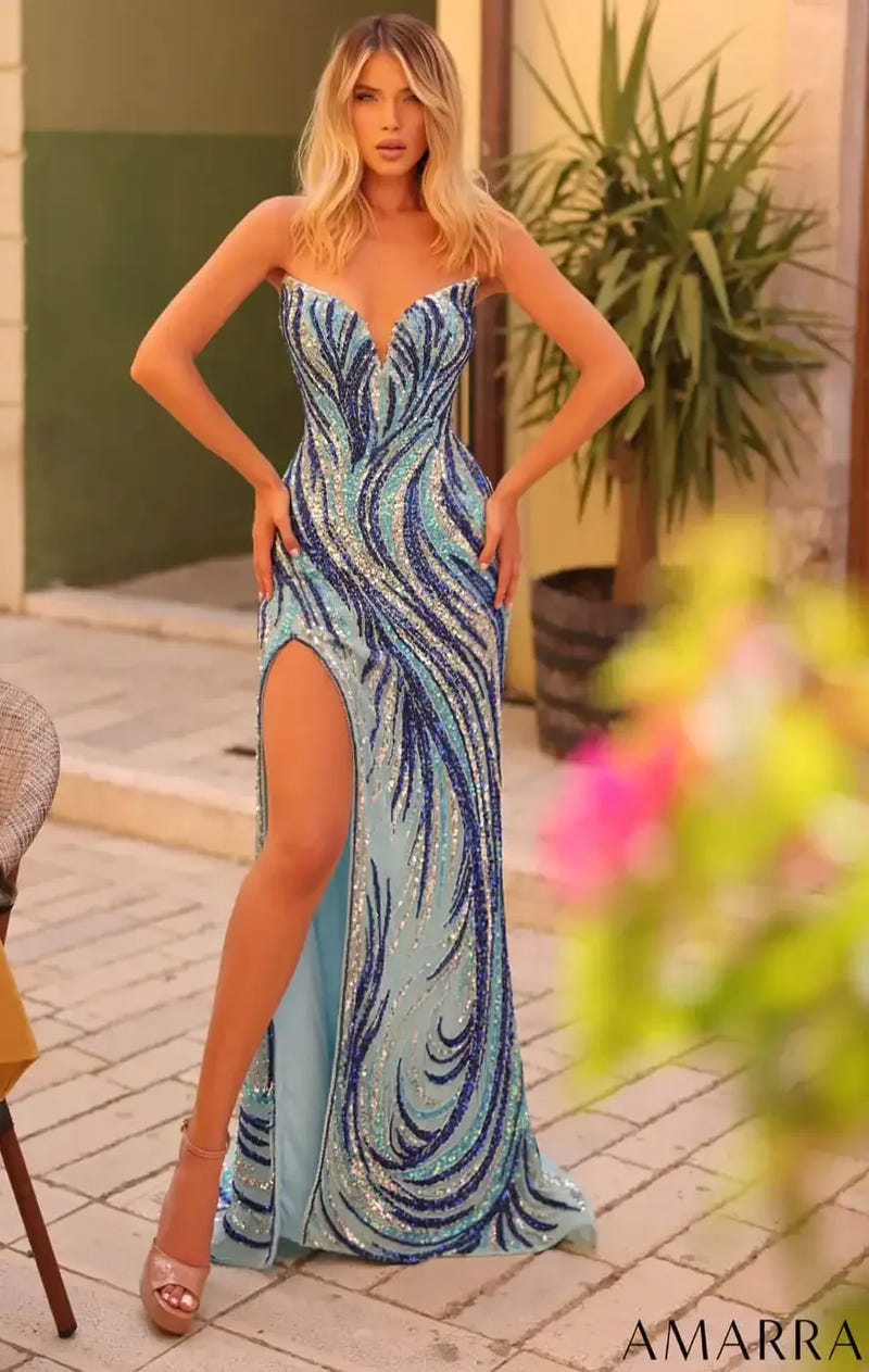 88291 - Amarra - Fitted V-Neck Gown With Patterned Sequins