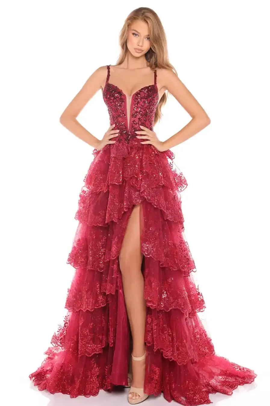 88745 - Amarra - Glitter Tulle Sequin Ball Gown With Plunging Neckline