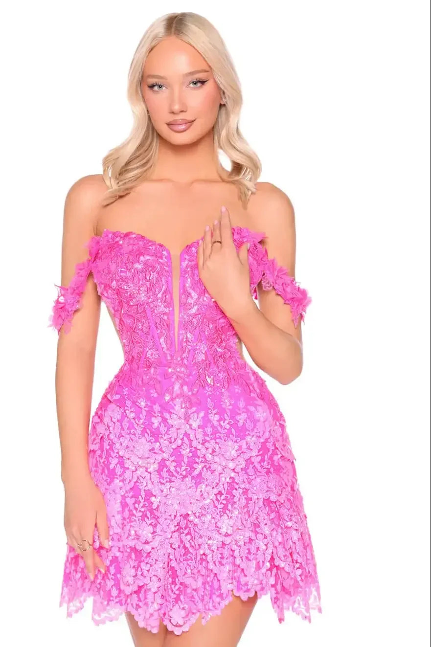 88926 - Amarra - Off-Shoulder Floral Appliqué Sequin Mini Dress