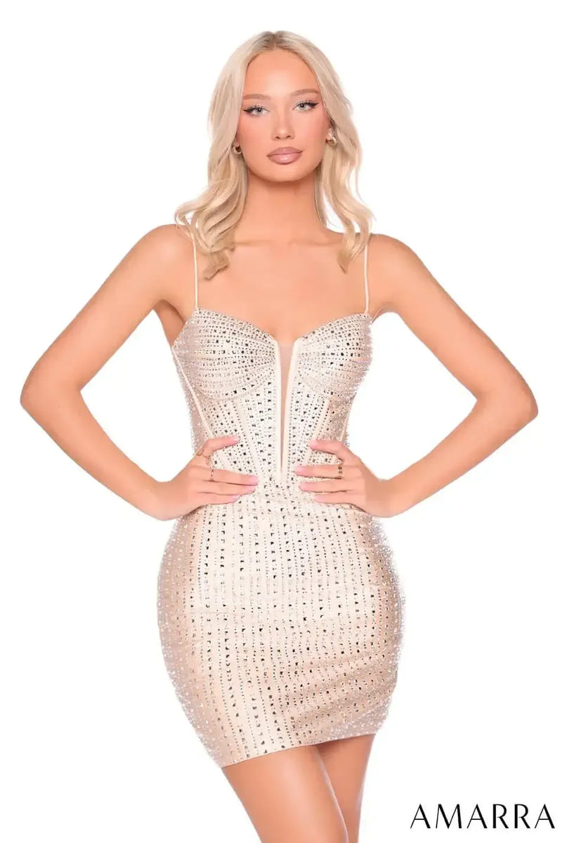 88949 - Amarra - Beaded Illusion V-Neck Mini Dress