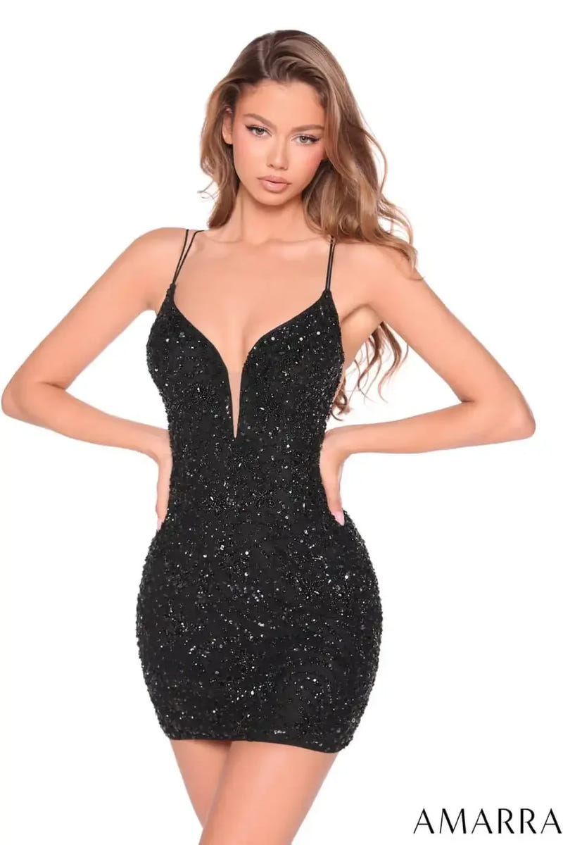 88975 - Amarra - Beaded Mini Dress with Plunging Neckline
