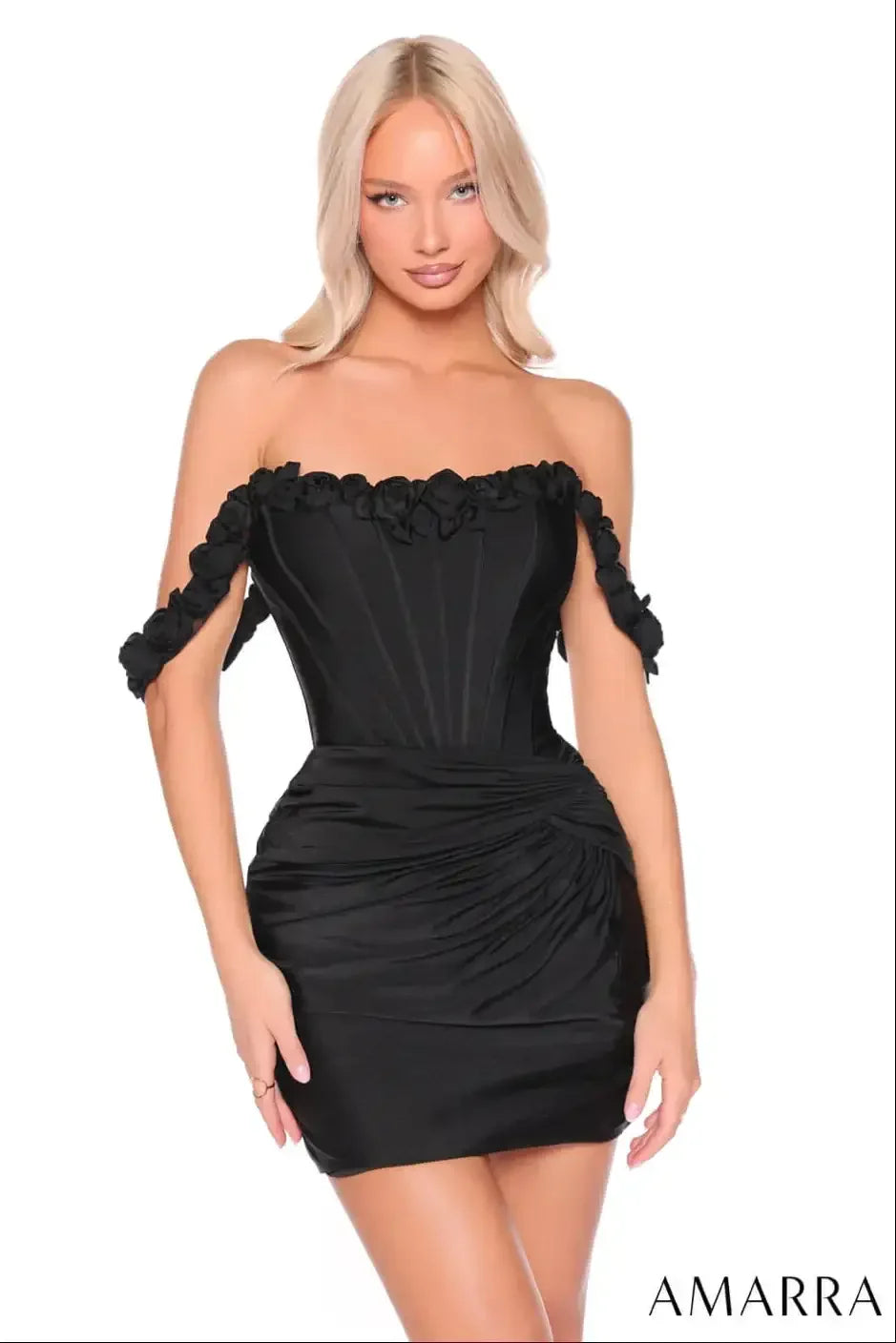 88980 - Amarra - Off-Shoulder Corset Mini Dress with Floral Rosettes