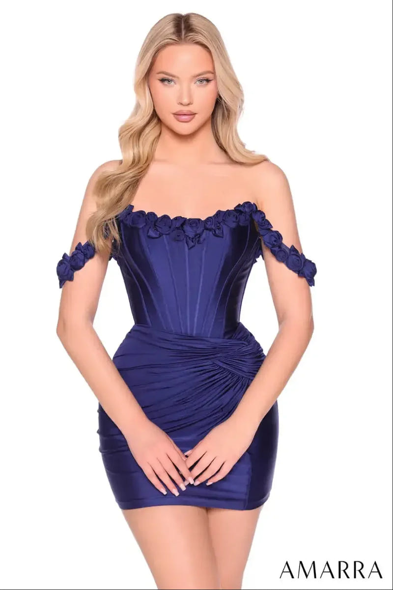 88980 - Amarra - Off-Shoulder Corset Mini Dress with Floral Rosettes