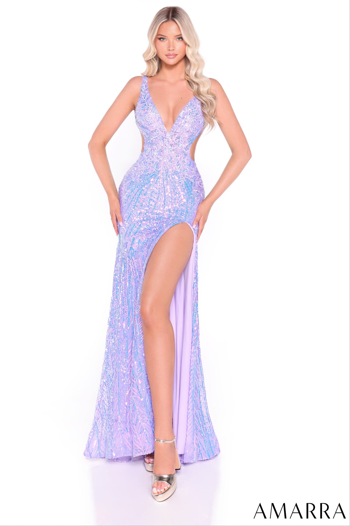 Amarra 89293 Lilac Prom Gown Plunging V-Neckline Sleeveless Shoulder Straps Open Back | Lady Black Tie