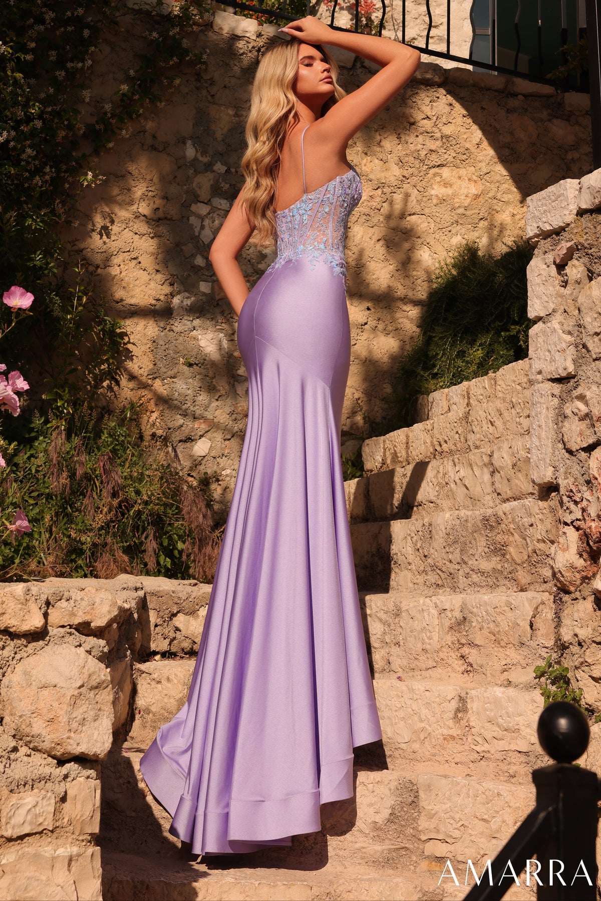 Amarra 89447 Lilac Prom Gown Plunging V-Neckline Illusion Detail Spaghetti Straps Open Back | Lady Black Tie