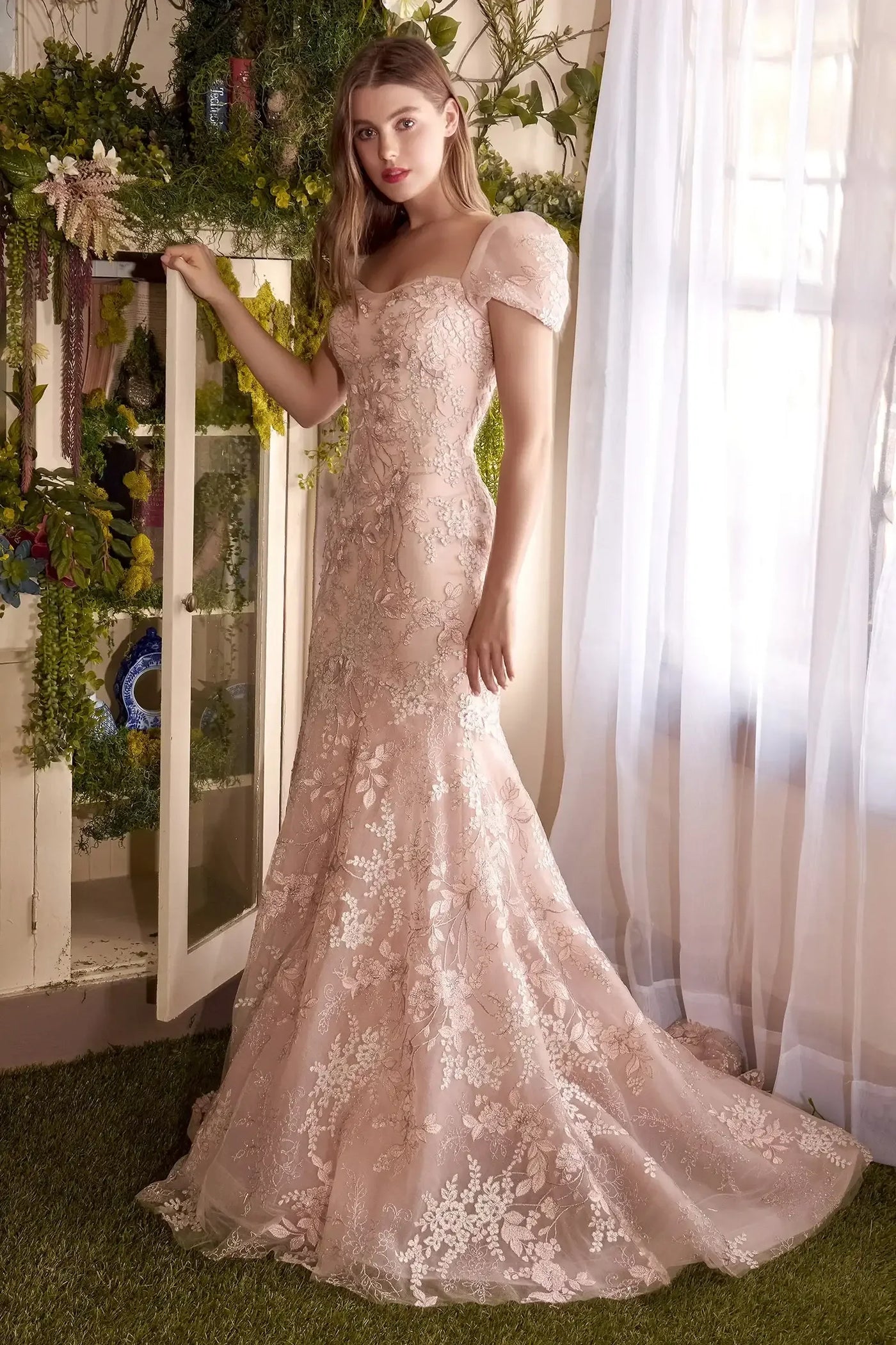 A1025 - Blossom Lace Puff Sleeve Gown - Andrea & Leo