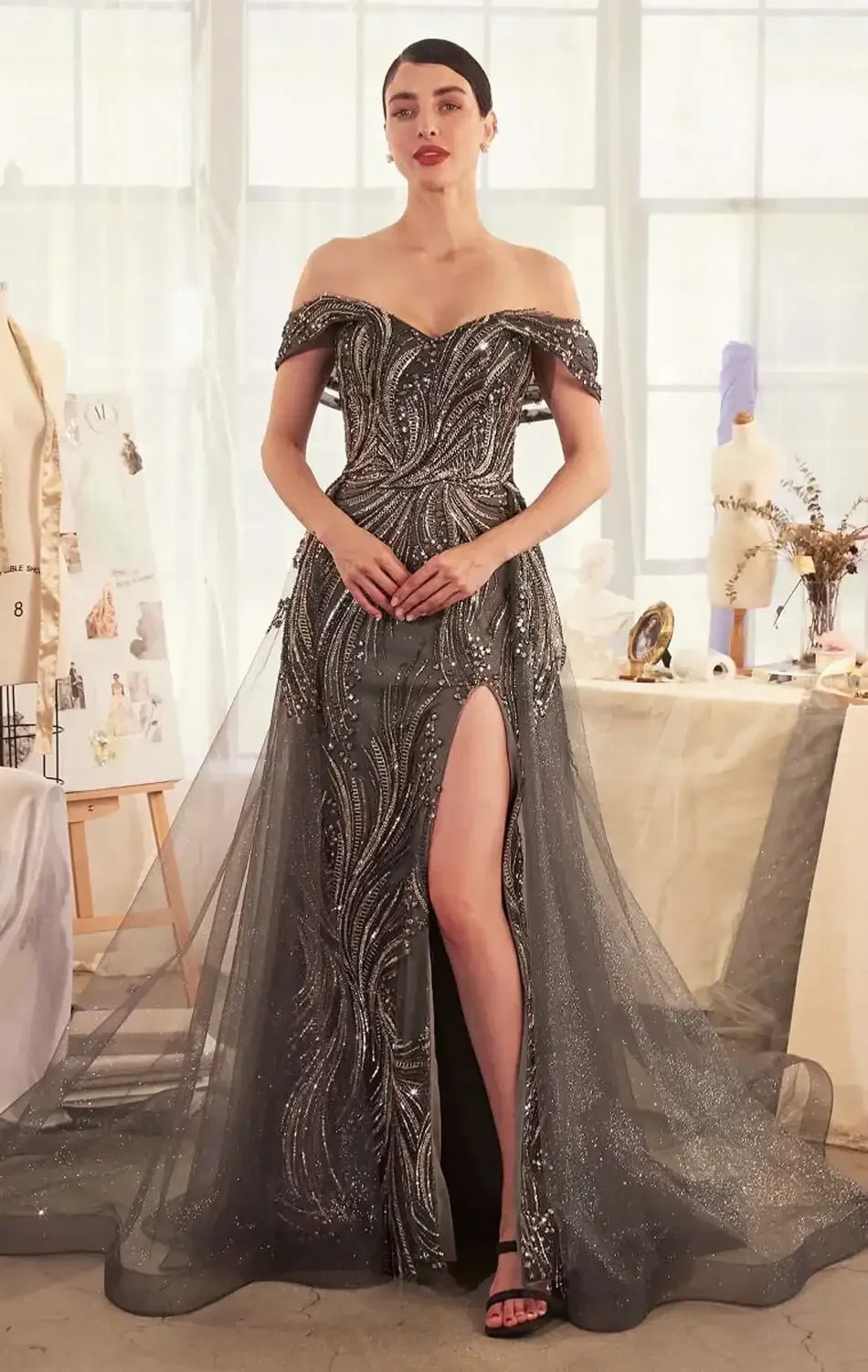 A1375 - OFF THE SHOULDER BEADED GOWN & OVERSKIRT - Andrea & Leo