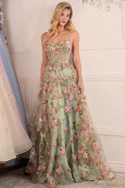 A1420 - SAGE FLORAL PRINT CORSET A-LINE DRESS - Andrea & Leo