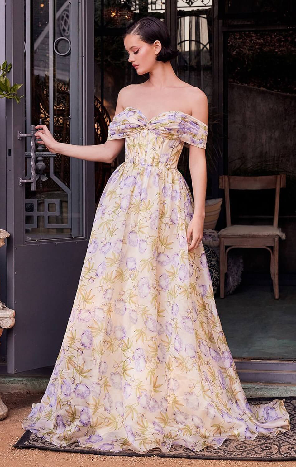 Lady Black Tie - A1466 - Floral Printed Off The Shoulder A-line Dress - Andrea & Leo - Size 4 Lady Black Tie - A1466 - Floral Printed Off The Shoulder A-line Dress - Andrea & Leo - Size 4