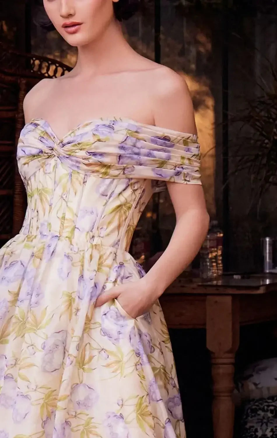 A1466 - FLORAL PRINTED OFF THE SHOULDER A-LINE DRESS - Andrea & Leo