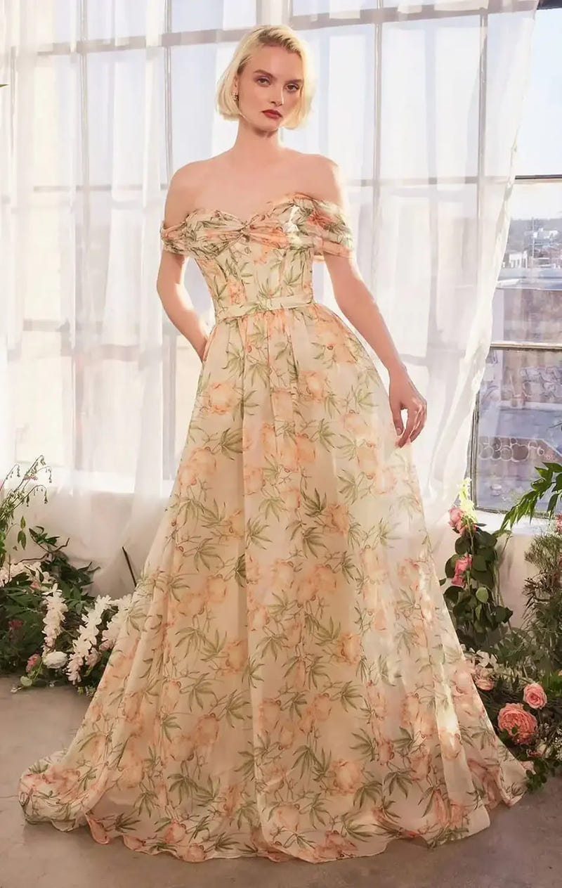 A1466 - FLORAL PRINTED OFF THE SHOULDER A-LINE DRESS - Andrea & Leo