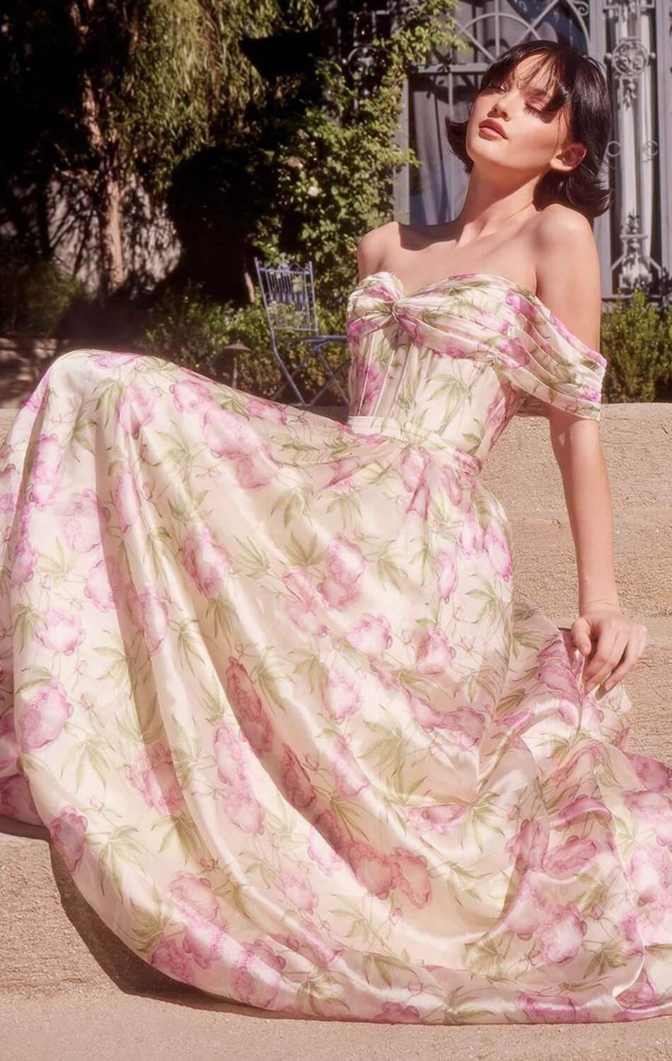 A1466 - FLORAL PRINTED OFF THE SHOULDER A-LINE DRESS - Andrea & Leo