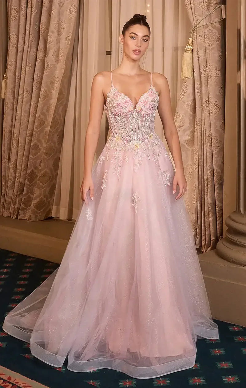 A1477 - FLORAL GLITTER TULLE BALL GOWN - ANDREA & LEO