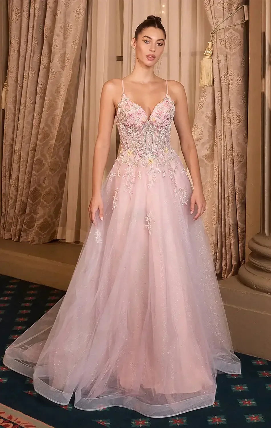 A1477 - FLORAL GLITTER TULLE BALL GOWN - ANDREA & LEO