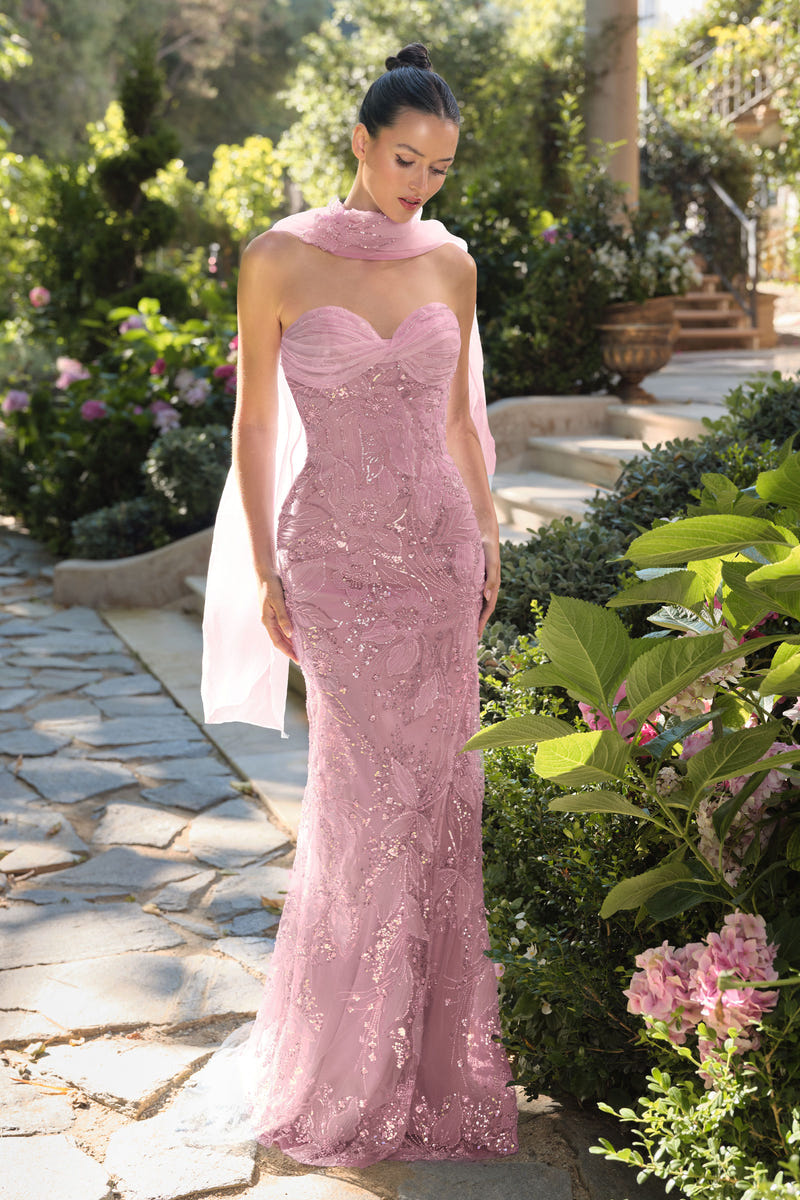 A1484 - Meadow Lark Fitted Column Dress With Scarf - Andrea & Leo