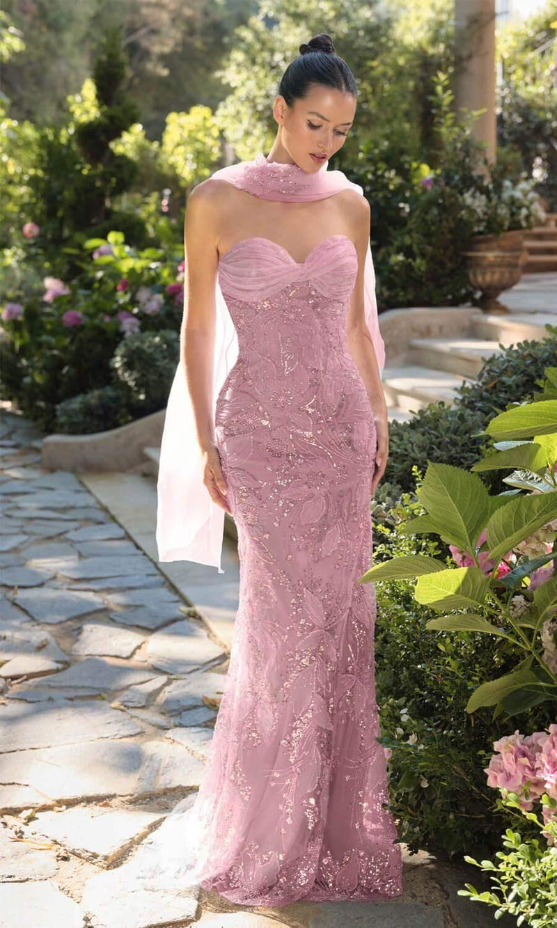 A1484 - Strapless Sweetheart Beaded Floral Gown - Andrea & Leo