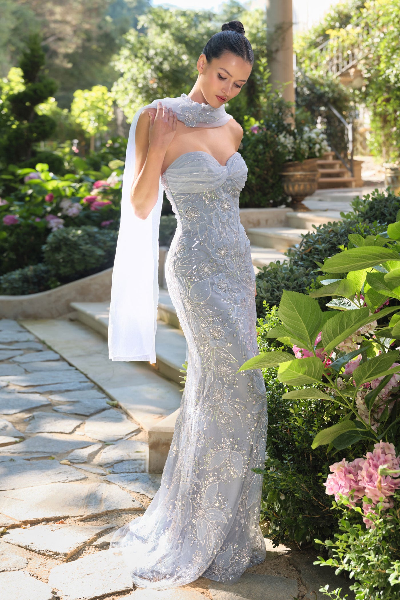 Lady Black Tie - A1484 - Meadow Lark Fitted Column Dress With Scarf - Andrea & Leo