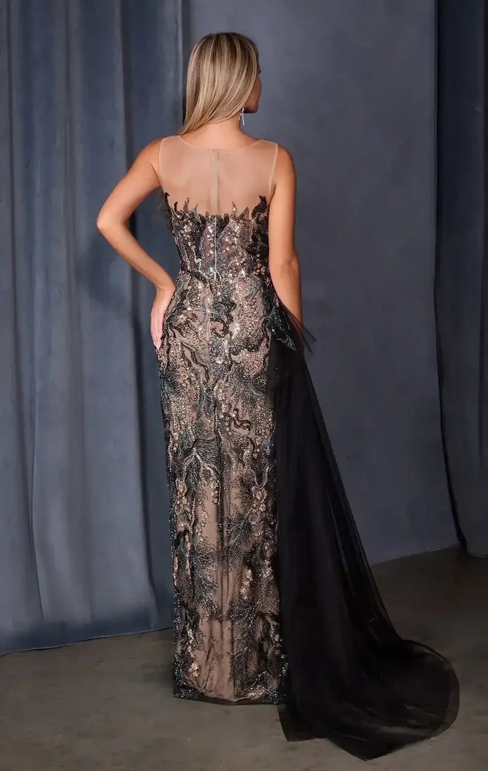 A1489 - FITTED GOWN WITH ILLUSION NECKLINE - Andrea & Leo