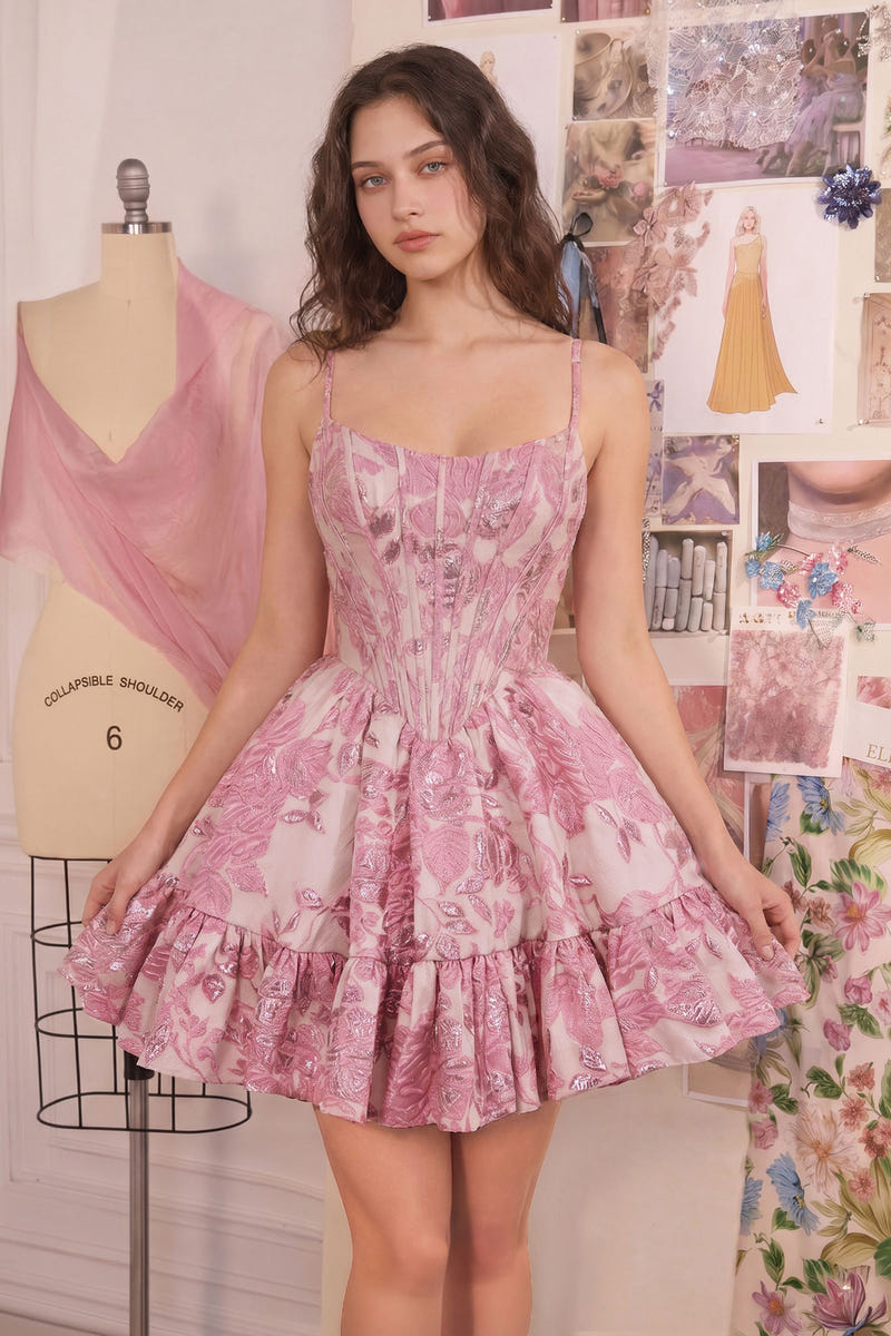 A1522 - Floral Jacquard Cocktail Dress - Andrea & Leo Couture