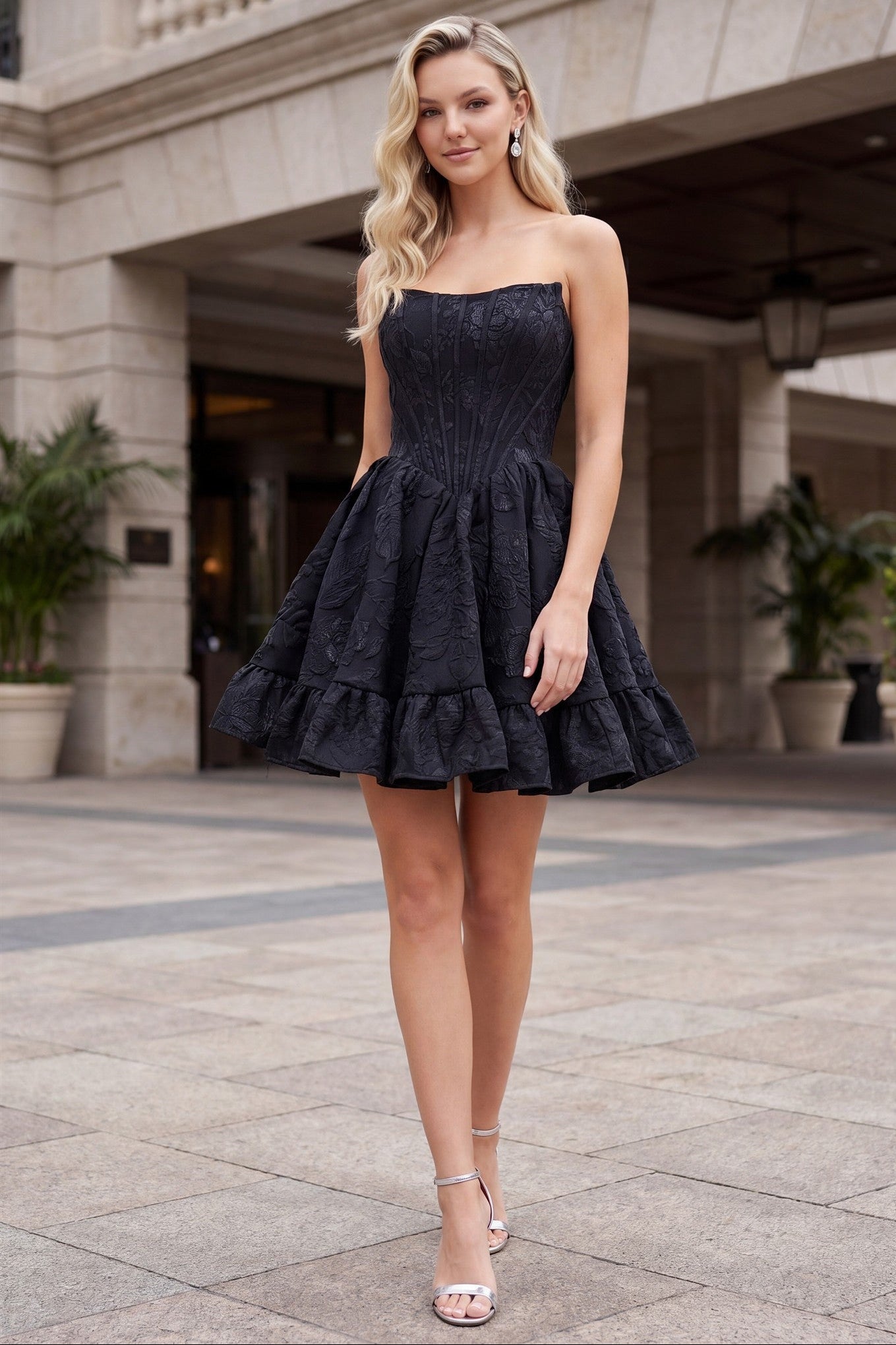 Lady Black Tie - Fawn Mini Dress - Floral Jacquard Homecoming Dress