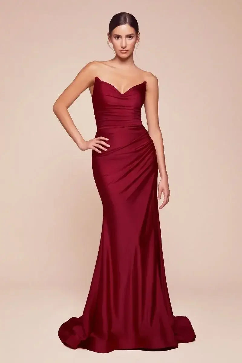 AVA POINTED V-NECKLINE GOWN - BURGUNDY - STRAPLESS STRETCH SPANDEX SATIN FITTED GOWN