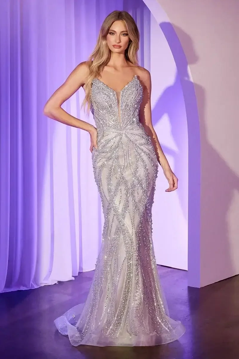 ADRIENNE GOWN - PEARL & CRYSTAL STRAPLESS FITTED DRESS