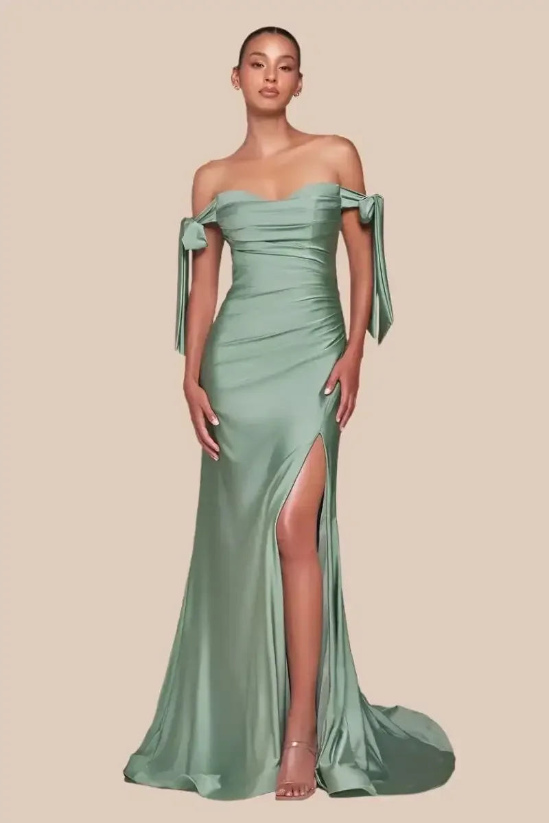 Amber Gown - Dark Sage - Off Shoulder Stretch Spandex Satin Dress With Ties