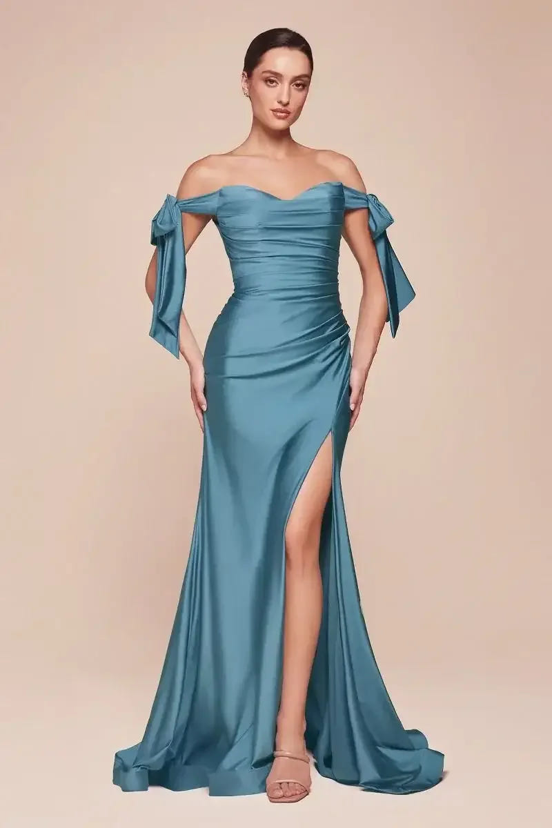 Amber Gown - Lake Blue - Off Shoulder Stretch Spandex Satin Dress With Ties